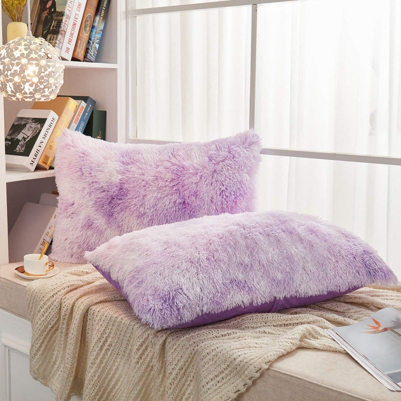 JAUXIO Faux Fur Decorative Throw Pillow Shams 2 Pack Abstract Style Tie Dye Printed Shaggy Pillowcases Crystal Velvet Reverse Queen Size (20X26 Inches, Lilac) - Image 2